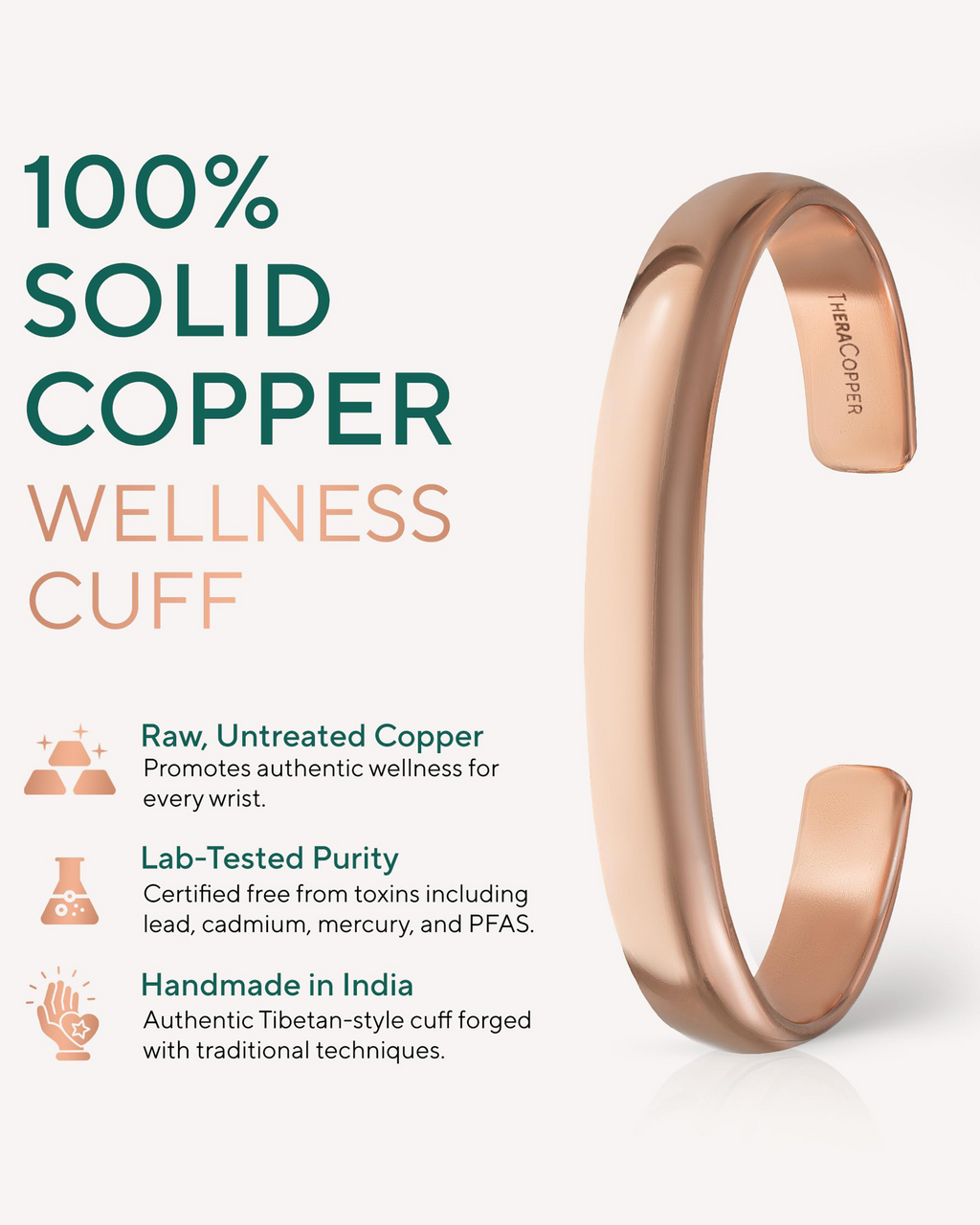 Rose gold wellness cuff with text highlighting features on a white background