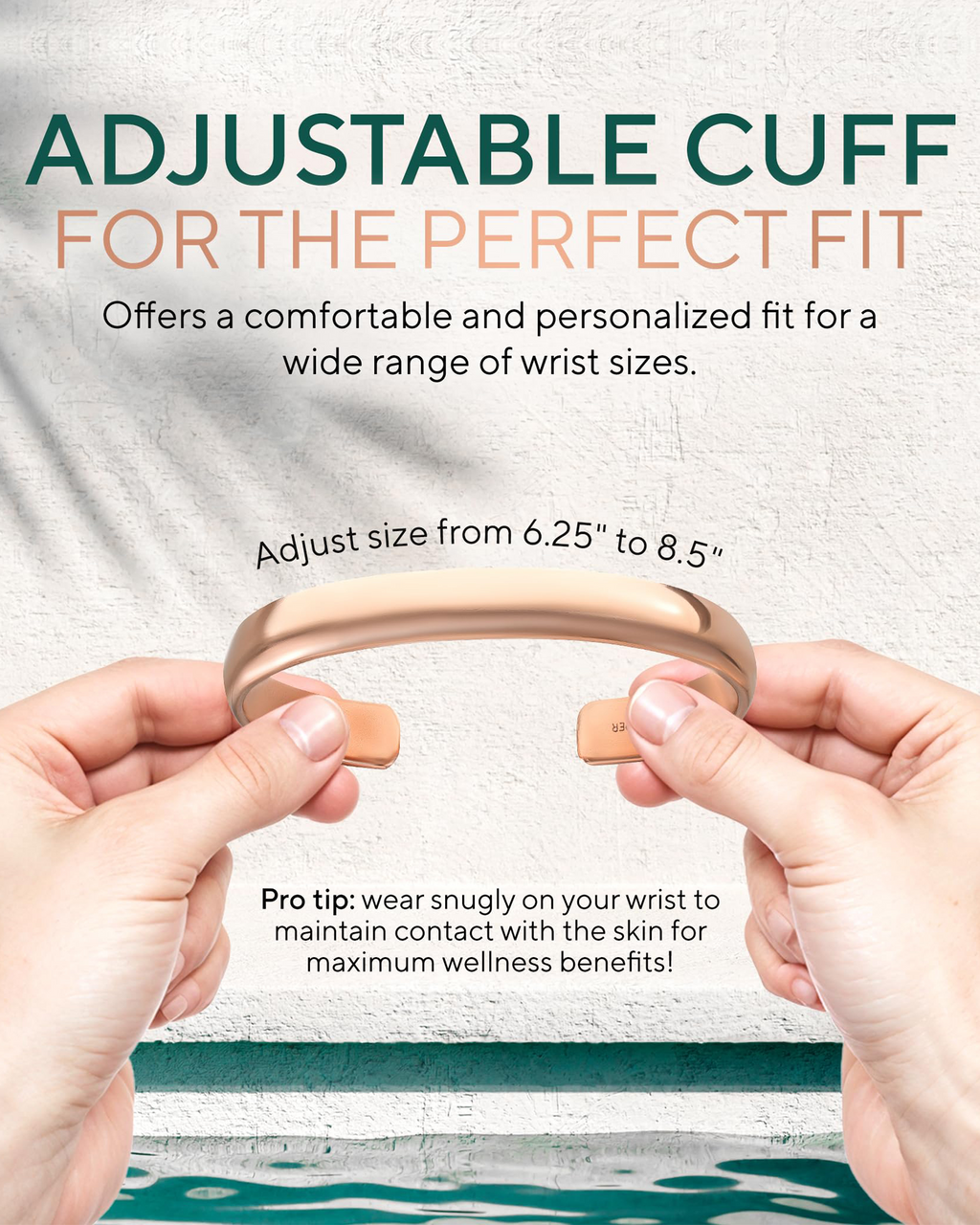 Adjustable cuff with text on a gray background
