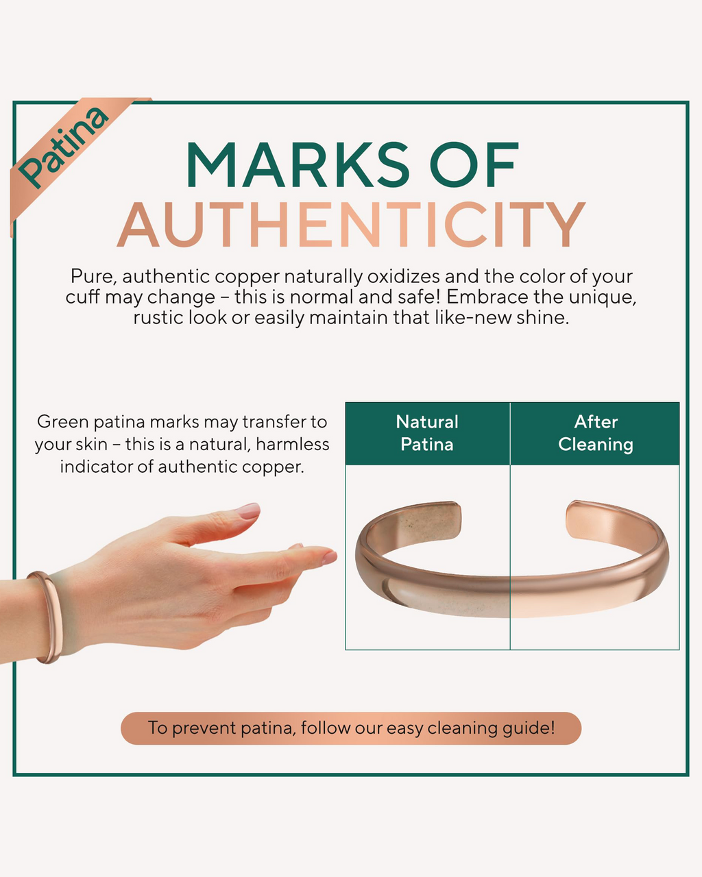 Copper bracelet with text on marks of authenticity and patina