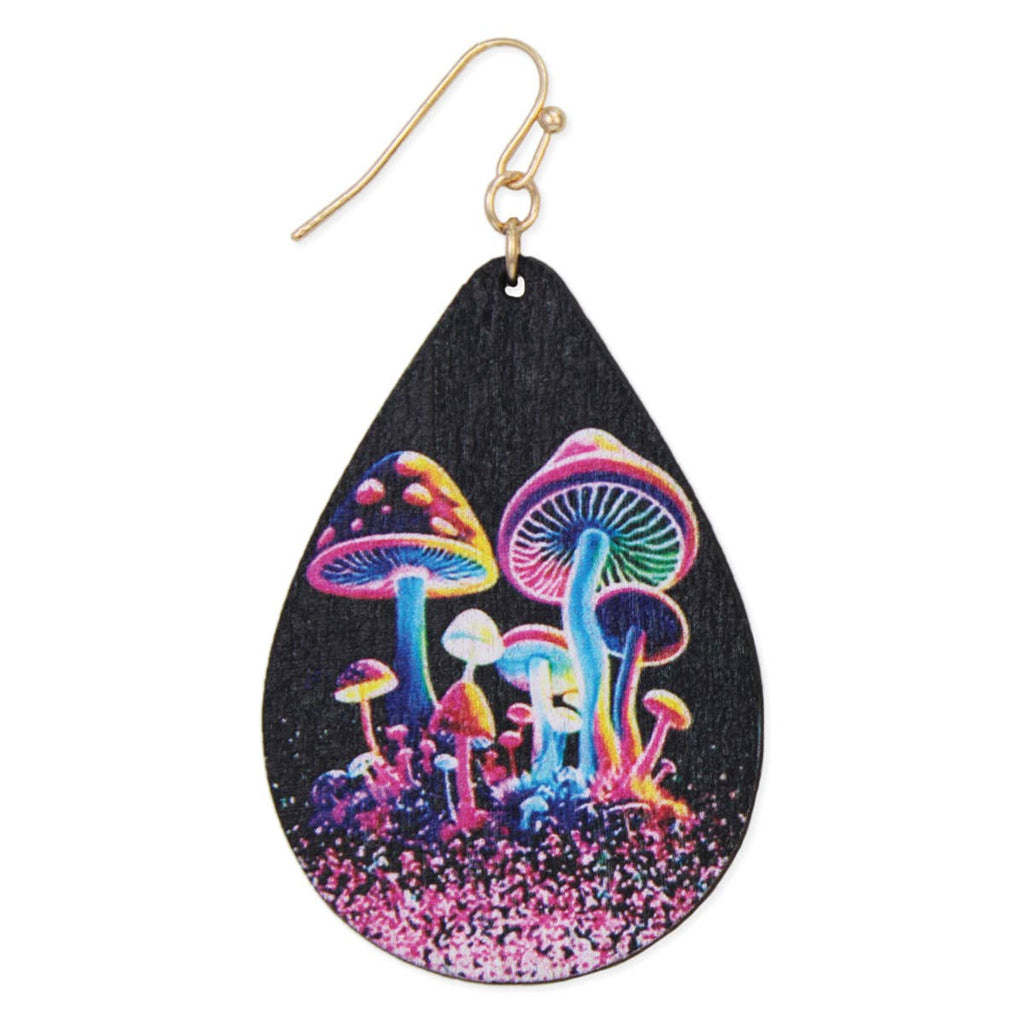 Teardrop-shaped earring with colorful mushroom design on a black background