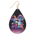 Teardrop-shaped earring with colorful mushroom design on a black background